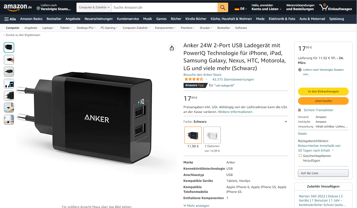 Anker 24W 2-Port USB Ladegerät mit PowerIQ Technologie für iPhone, iPad,  Galaxy, Nexus, HTC, Motorola, LG und viele mehr: : Elektronik &  Foto