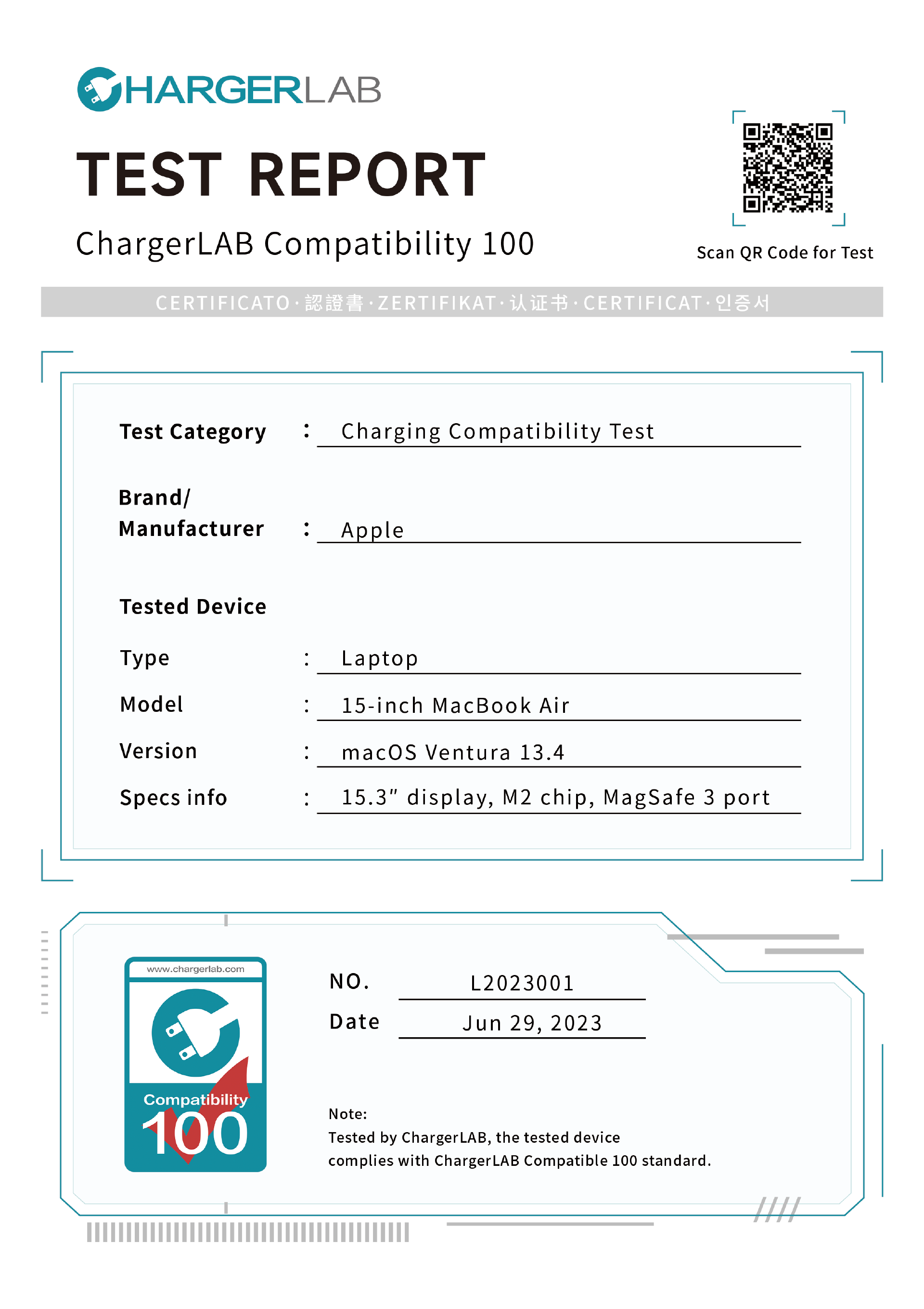 Apple 15-inch MacBook Air | ChargerLAB Compatibility 100 Reveals Charging Details-Chargerlab