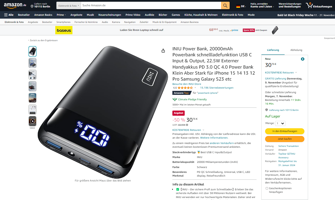 Best-Selling Power Banks on .de (Germany) in November 2023