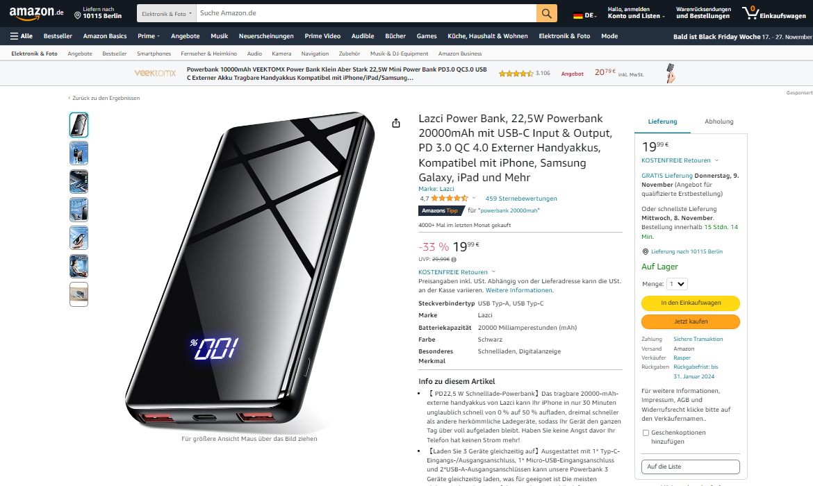 Best-Selling Power Banks on Amazon.de (Germany) in November 2023-Chargerlab